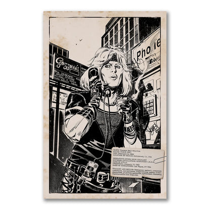 Black and white comic book art print of a person on a payphone featuring Mötley Crüe