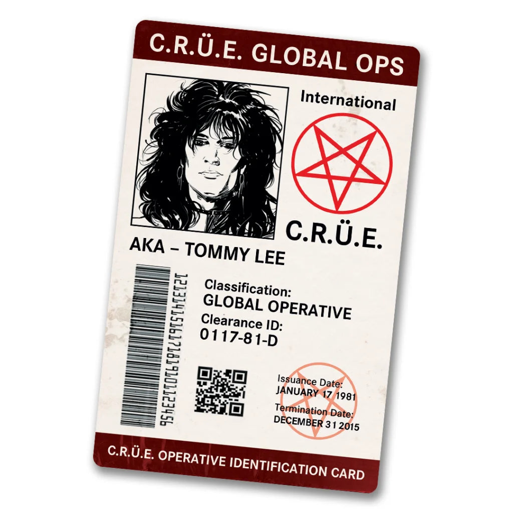 Fictional Mötley Crüe Operation CRÜE UV Spy ID card with rock iconography and stylized portrait