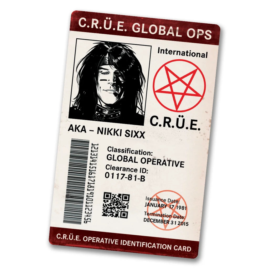 Mötley Crüe Crüe UV Spy identification card with drawing and text from Operation CRÜE set