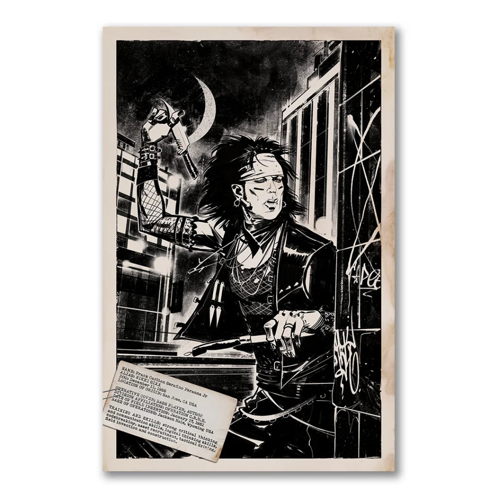 Black and white Mötley Crüe comic panel with punk character, crescent moon, and note