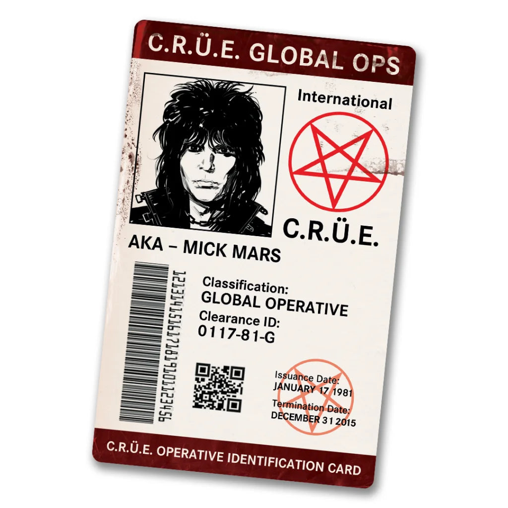Novelty Mötley Crüe ID card with Mick Mars image from Crüe UV Spy set