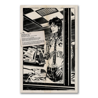 Black and white comic book panel from Mötley Crüe Operation CRÜE UV Spy Box Set