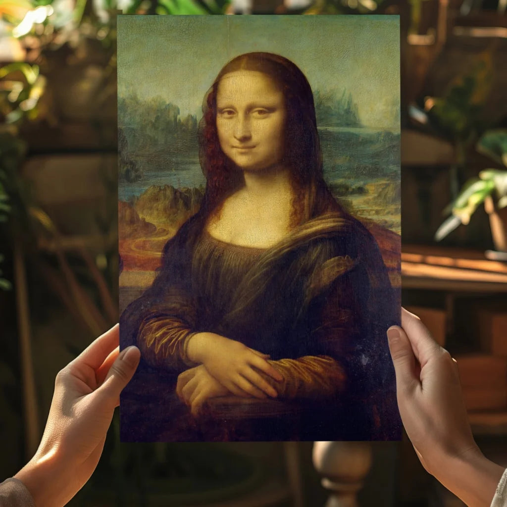 Mona Lisa aluminum print with enigmatic smile and blue robe