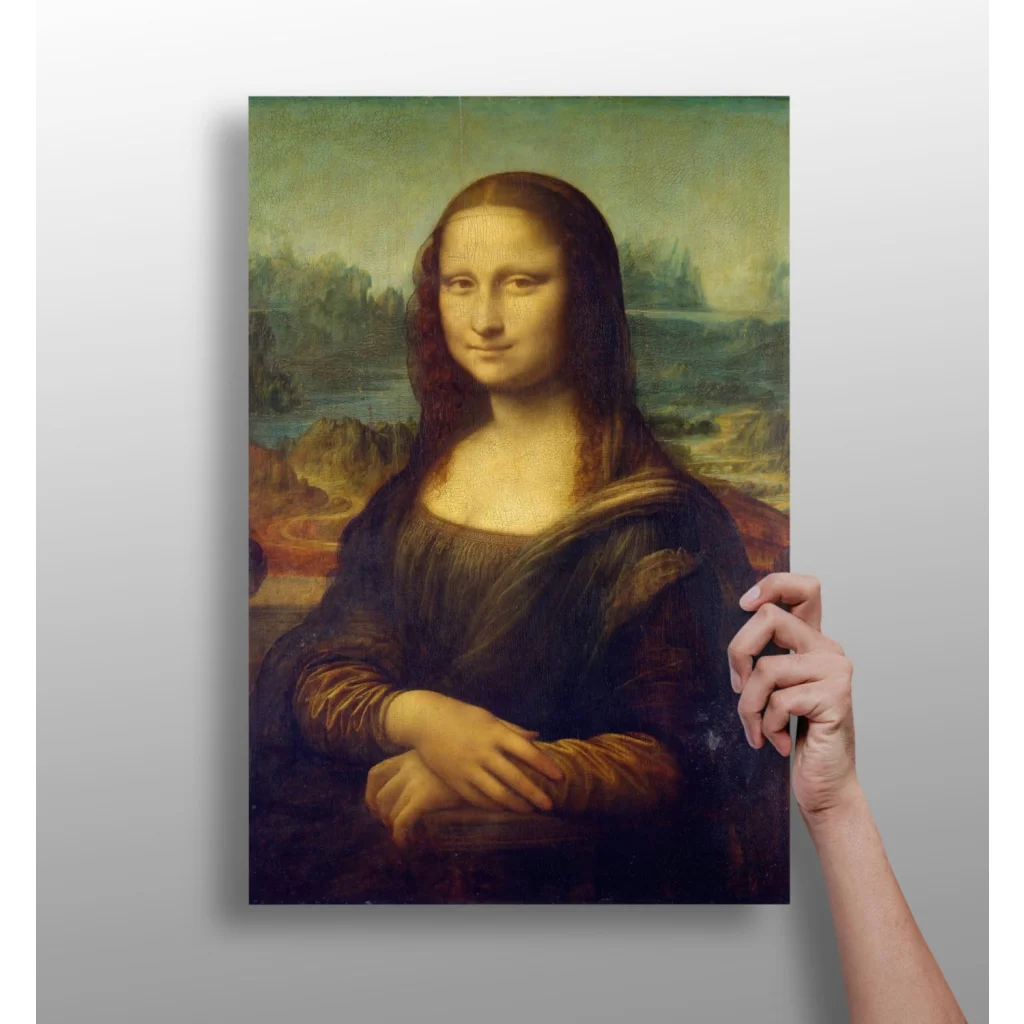 Framed Mona Lisa aluminum print with enigmatic smile