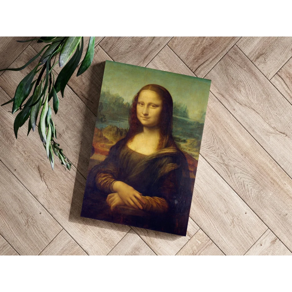 Framed Mona Lisa aluminum print with enigmatic smile and gold-trimmed sleeves