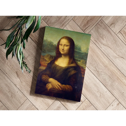 Framed Mona Lisa aluminum print with enigmatic smile and gold-trimmed sleeves