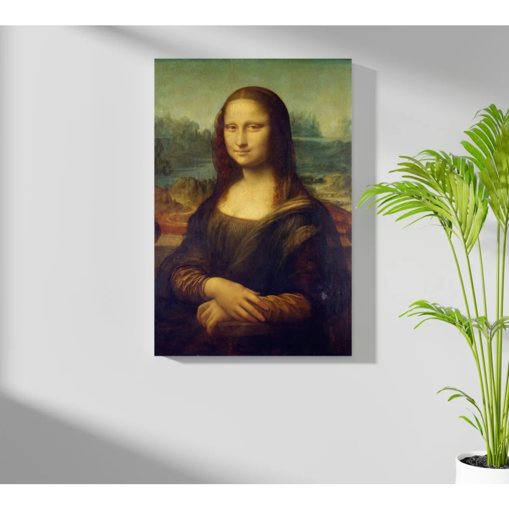 Framed Mona Lisa canvas print with enigmatic smile on aluminum