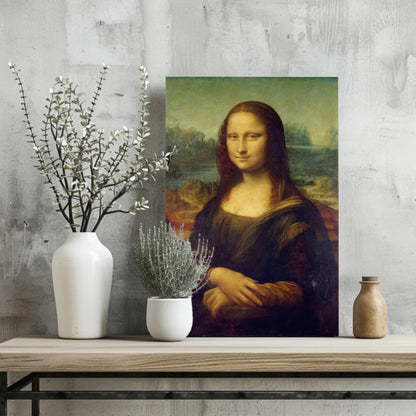 Framed Mona Lisa aluminum print with enigmatic smile and blue attire