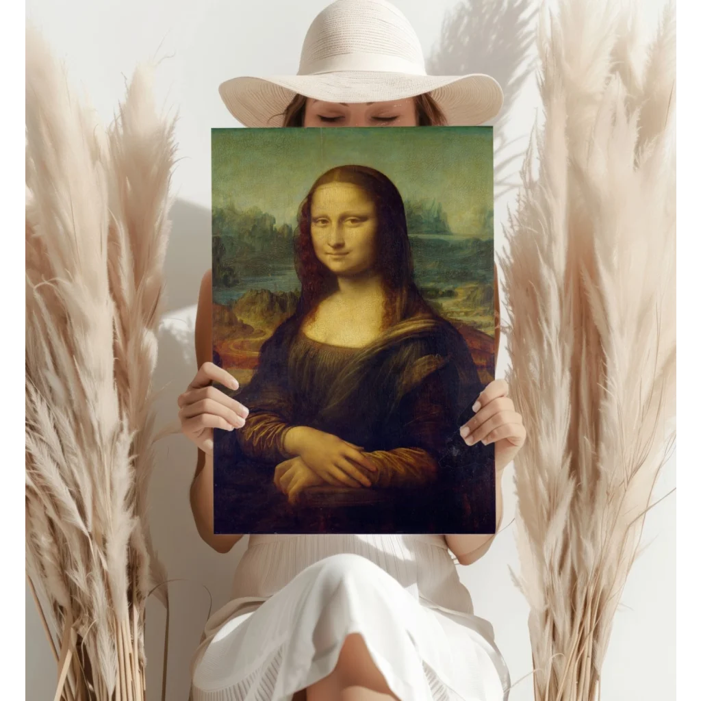 Framed Mona Lisa aluminum print with enigmatic smile and muted background