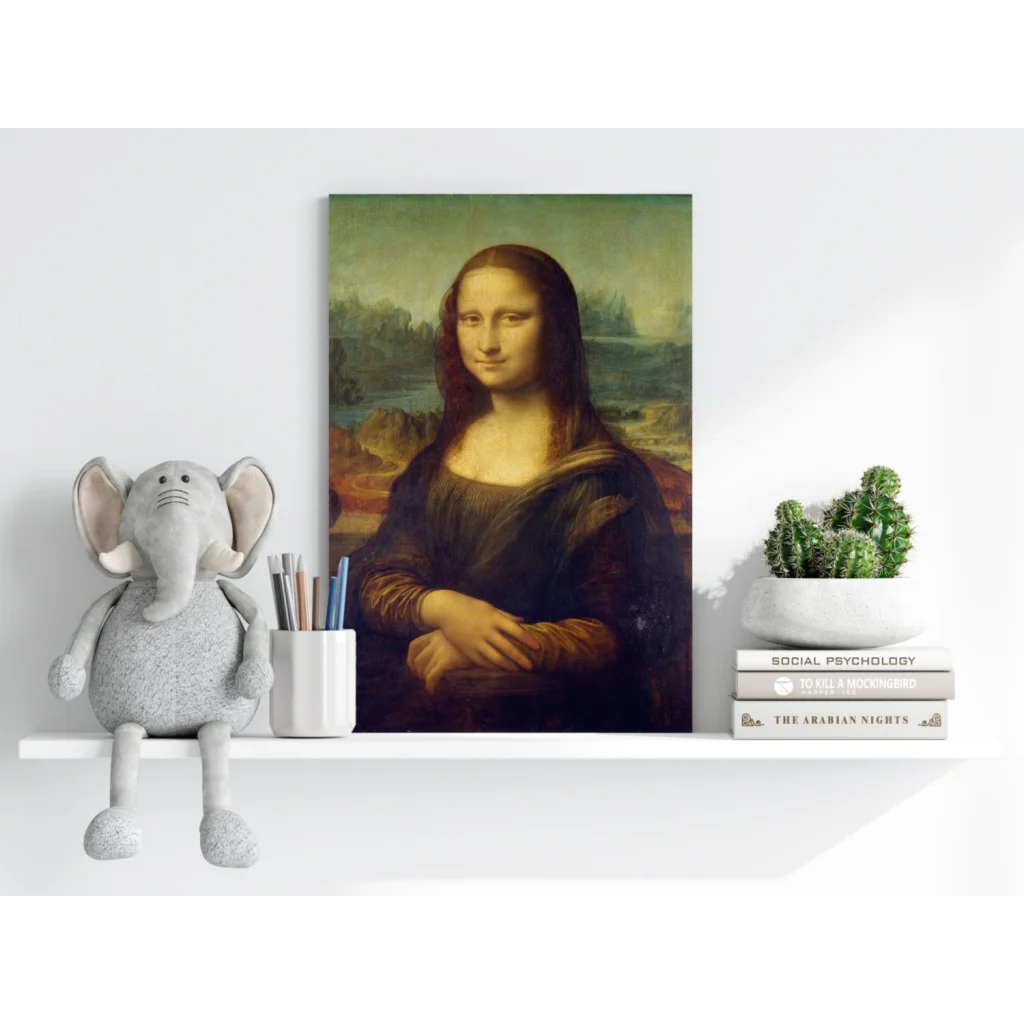 Framed Mona Lisa aluminum print with enigmatic smile