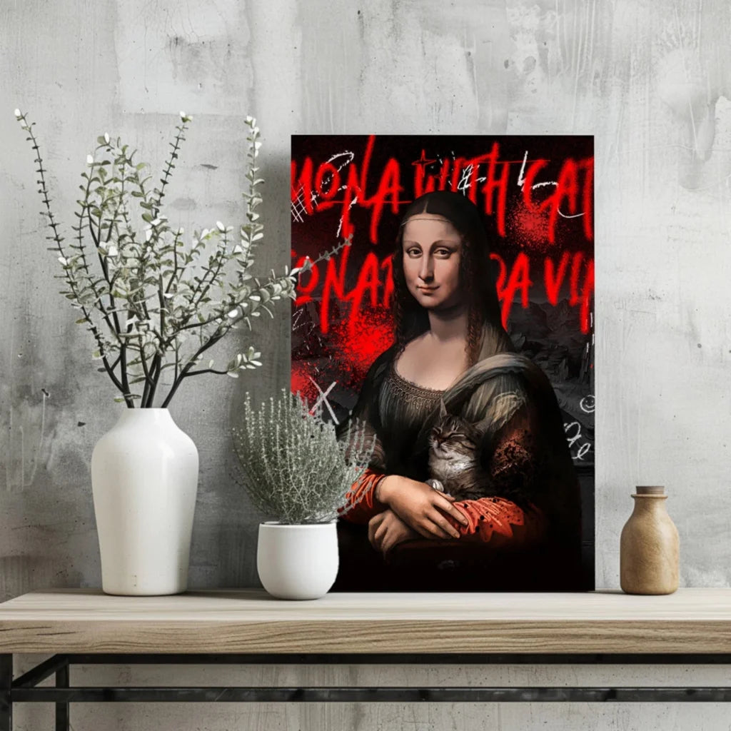 Graffiti Mona Lisa Cat Insigne Aluminum Prints | Glass Wall Art Print | vintageantiquesgifts.com