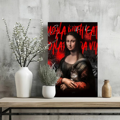 Graffiti Mona Lisa Cat Insigne Aluminum Prints | Glass Wall Art Print | vintageantiquesgifts.com