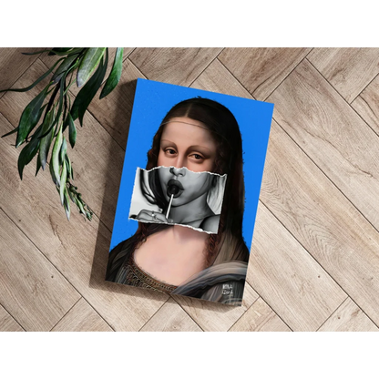 Pop art Mona Lisa lollipop on vibrant blue insigne aluminum print