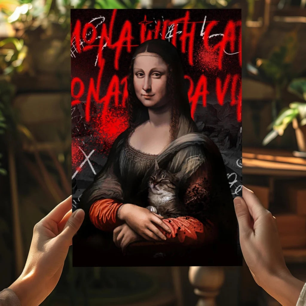 Stylized Mona Lisa with cat in arms on graffiti poster, Insigne Aluminum Prints
