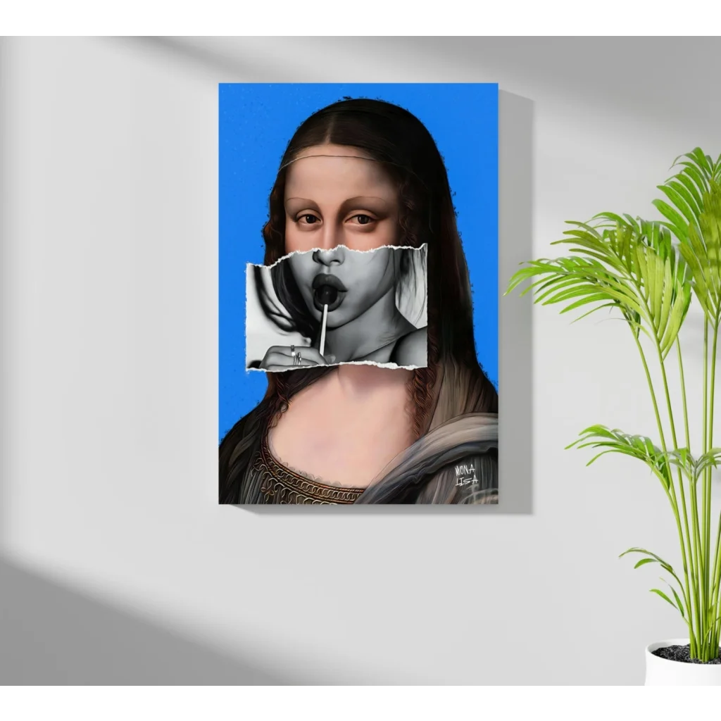 Pop art Mona Lisa with lollipop on insigne aluminum prints