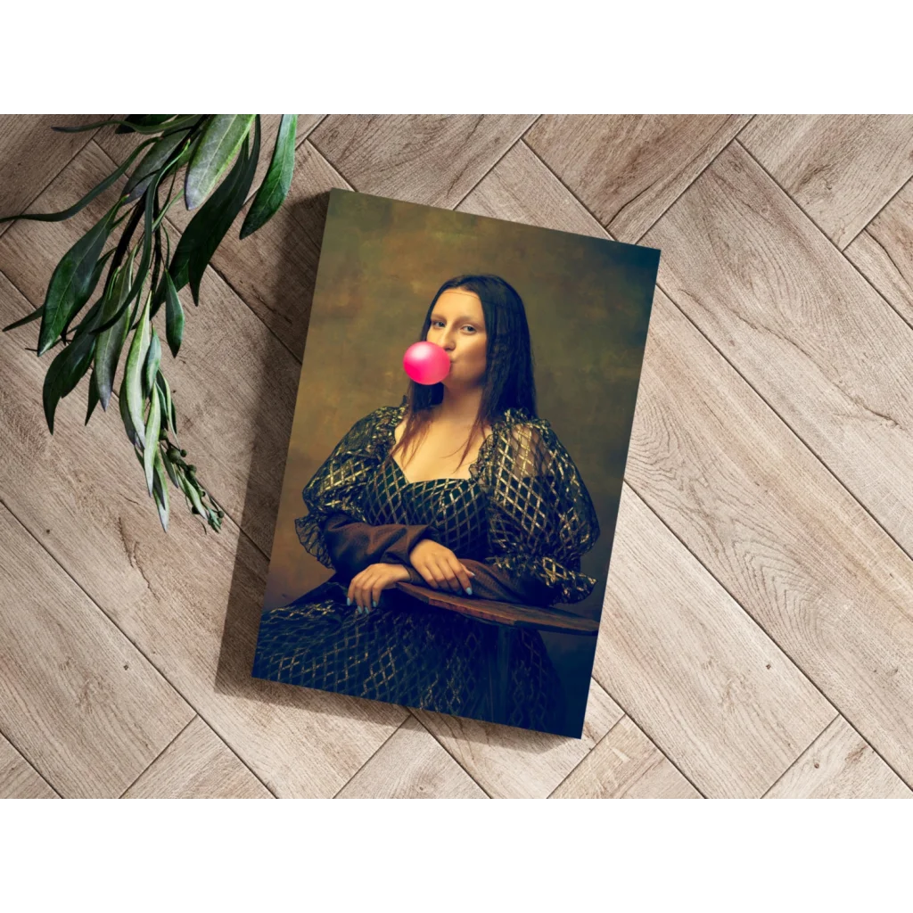 Mona Lisa blowing pink bubblegum on canvas print