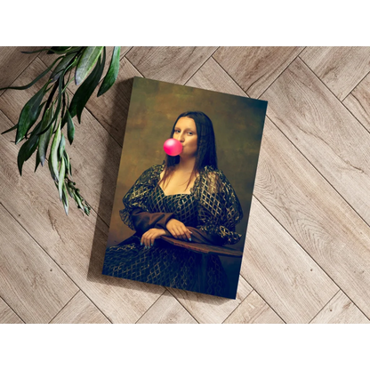 Mona Lisa blowing pink bubblegum on canvas print