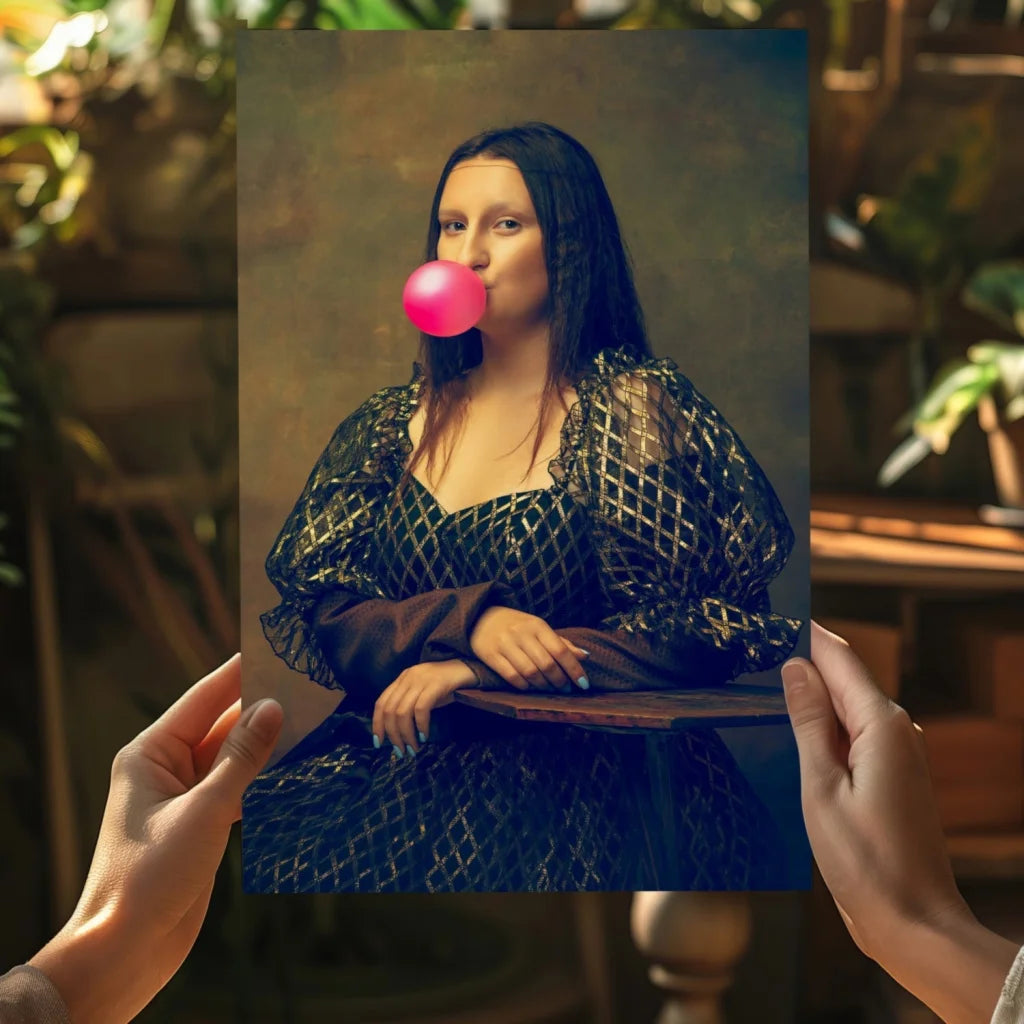 Mona Lisa blowing pink bubblegum canvas print