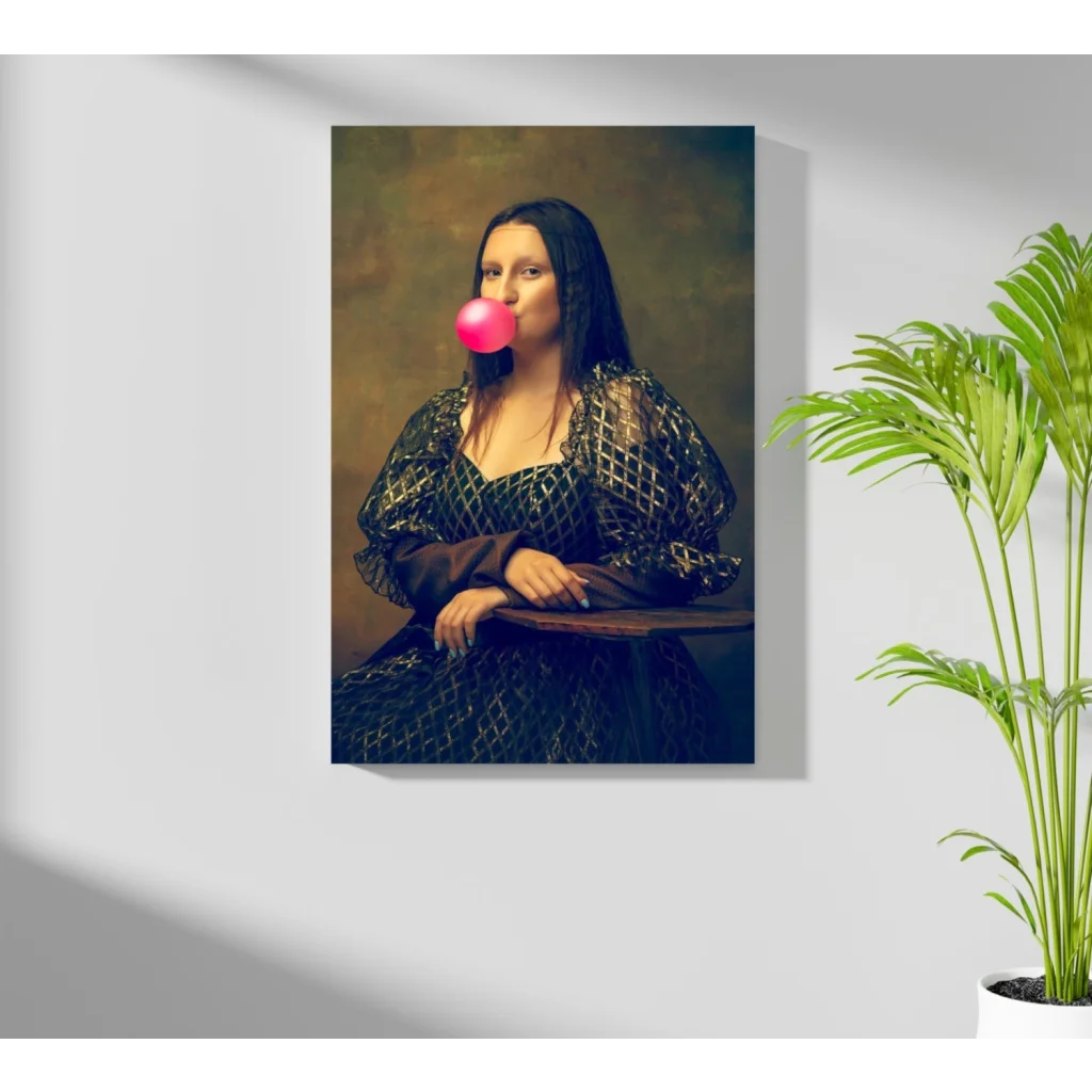 Mona Lisa blowing pink bubblegum canvas print