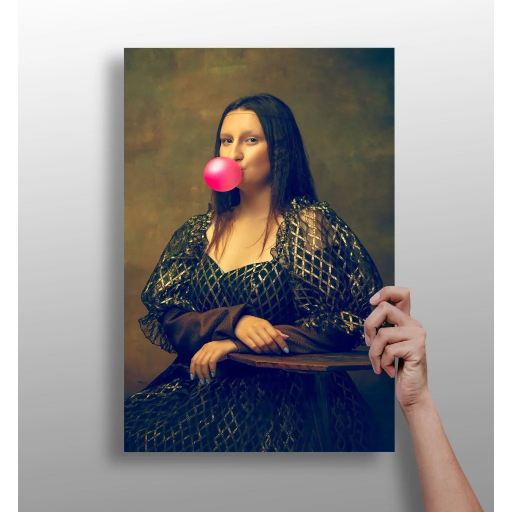 Mona Lisa blowing pink bubblegum canvas print