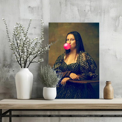 Mona Lisa blowing pink bubblegum wall art canvas print