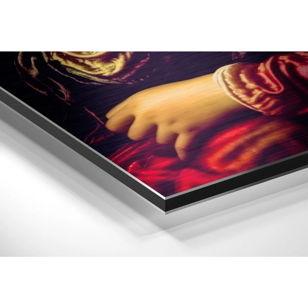 Vibrant hand reaching red gold fabric on purple, brushed aluminium dibond print