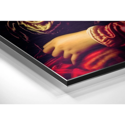 Vibrant hand reaching red gold fabric on purple, brushed aluminium dibond print