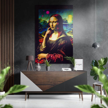 Vibrant Mona Lisa in red gown on brushed aluminium dibond print
