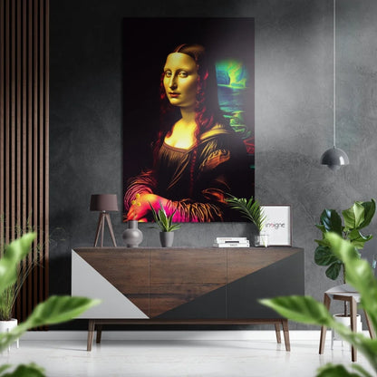 Vibrant Mona Lisa brushed aluminium dibond print with neon accents on console