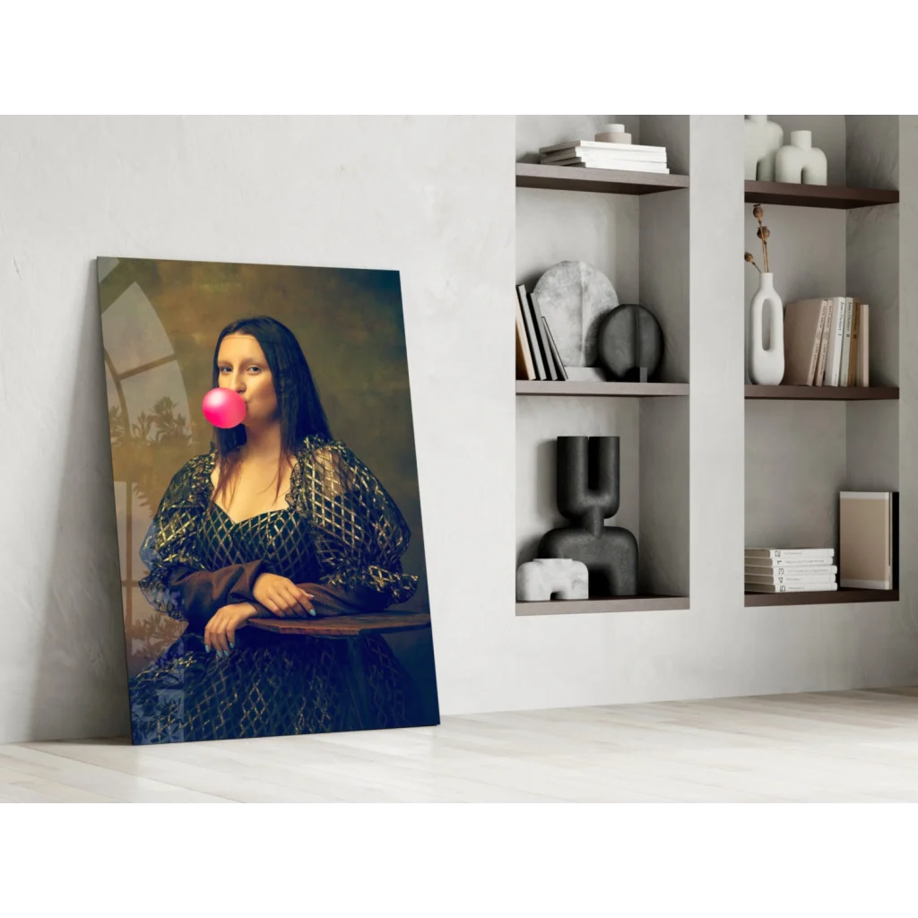 Vibrant pink bubblegum blown by Mona Lisa in ornate gown wall art print