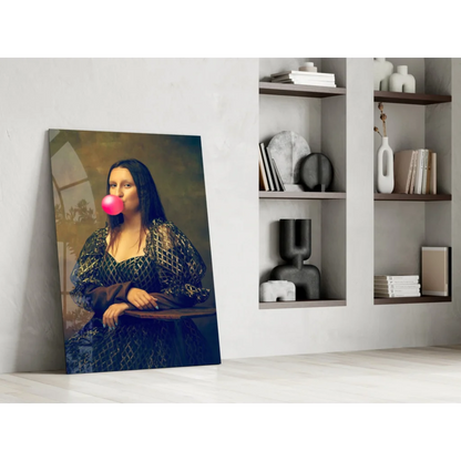 Vibrant pink bubblegum blown by Mona Lisa in ornate gown wall art print