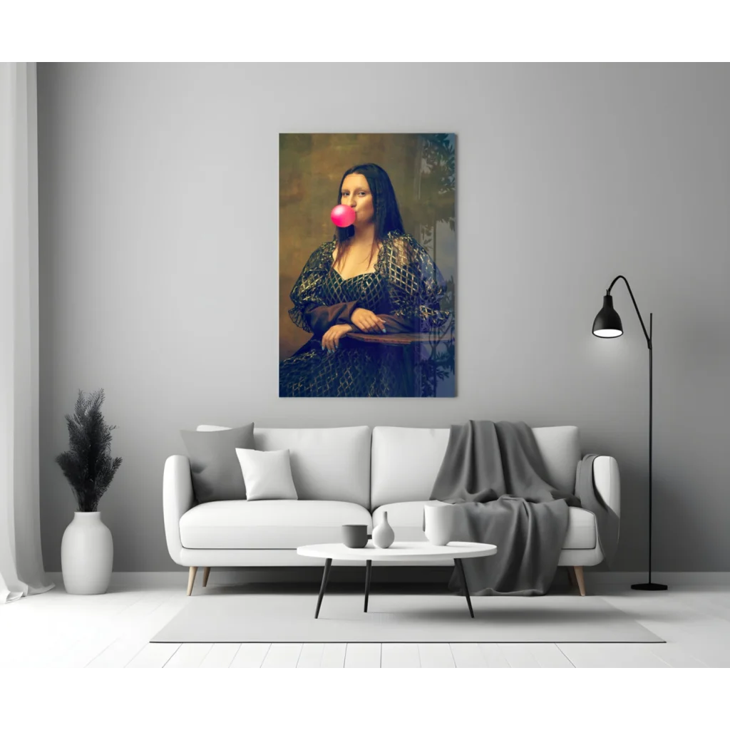 Mona Lisa blowing pink bubblegum in pop art wall art canvas print