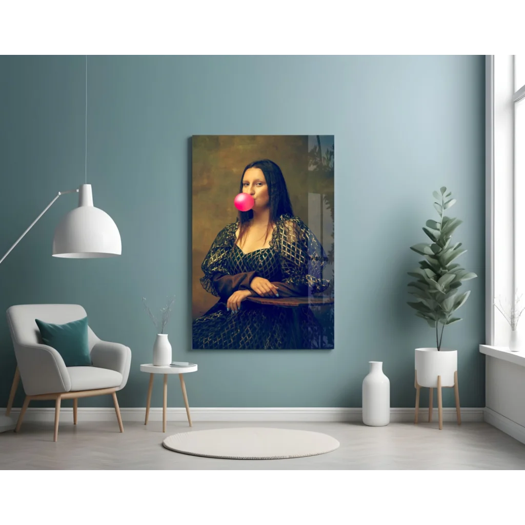 Mona Lisa blows pink bubblegum in pop art wall art canvas print