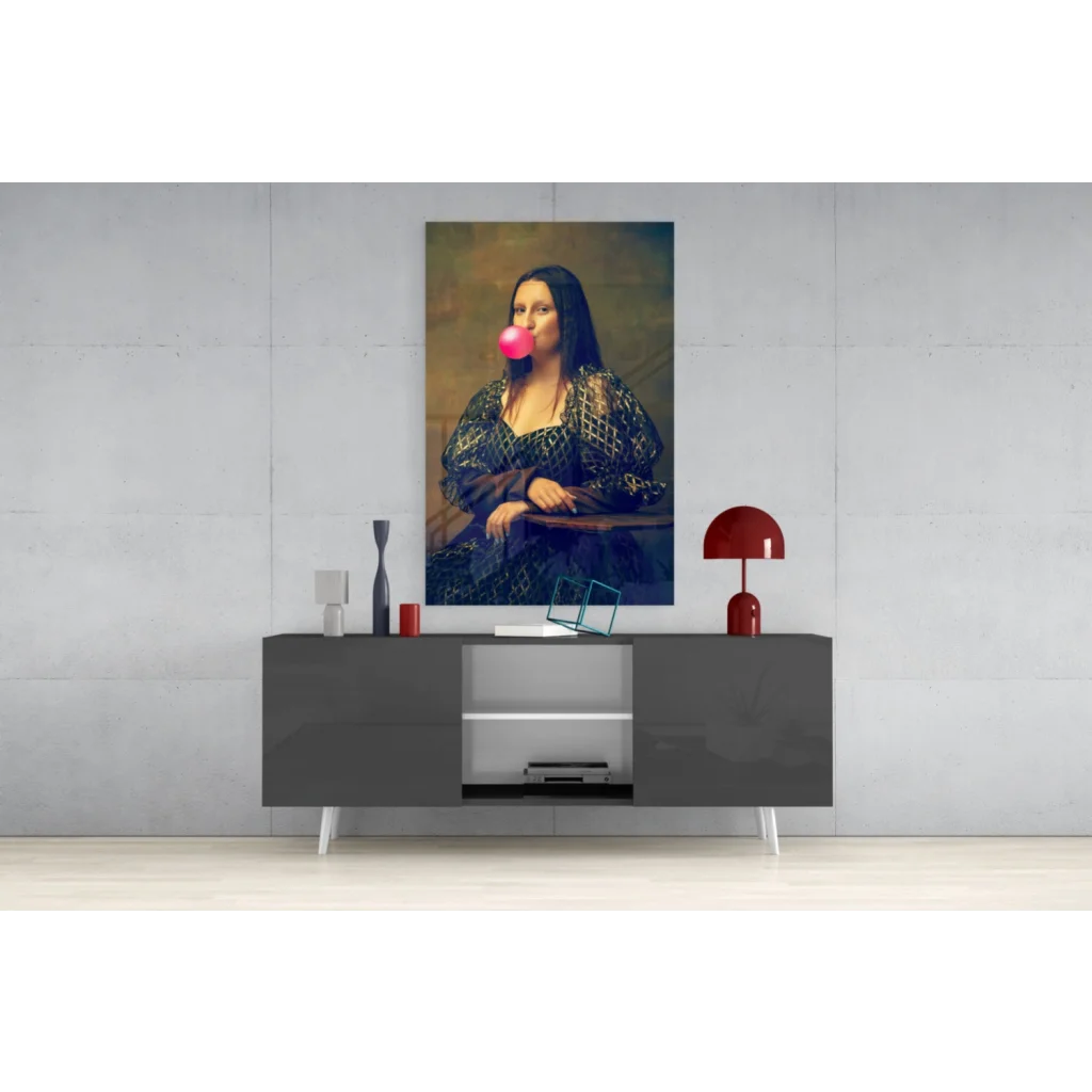 Mona Lisa blowing pink bubblegum in pop art wall print