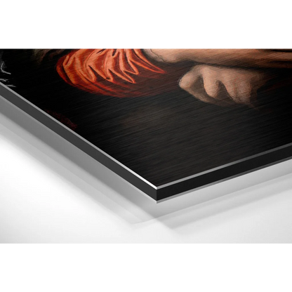 Stunning brushed aluminium dibond art print of hands holding orange-red fabric in black metal frame