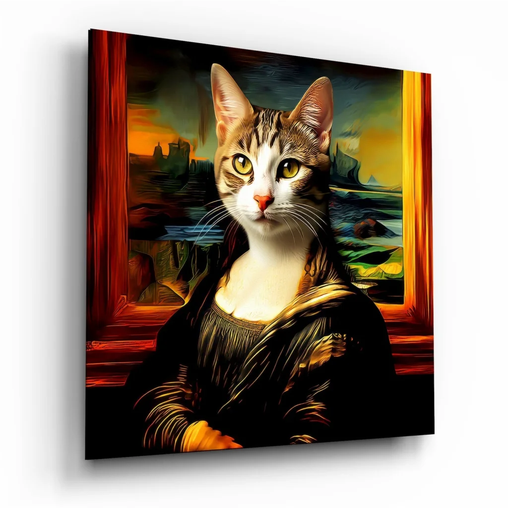 Mona Lisa Cat tempered glass art: tabby with golden eyes in Renaissance attire