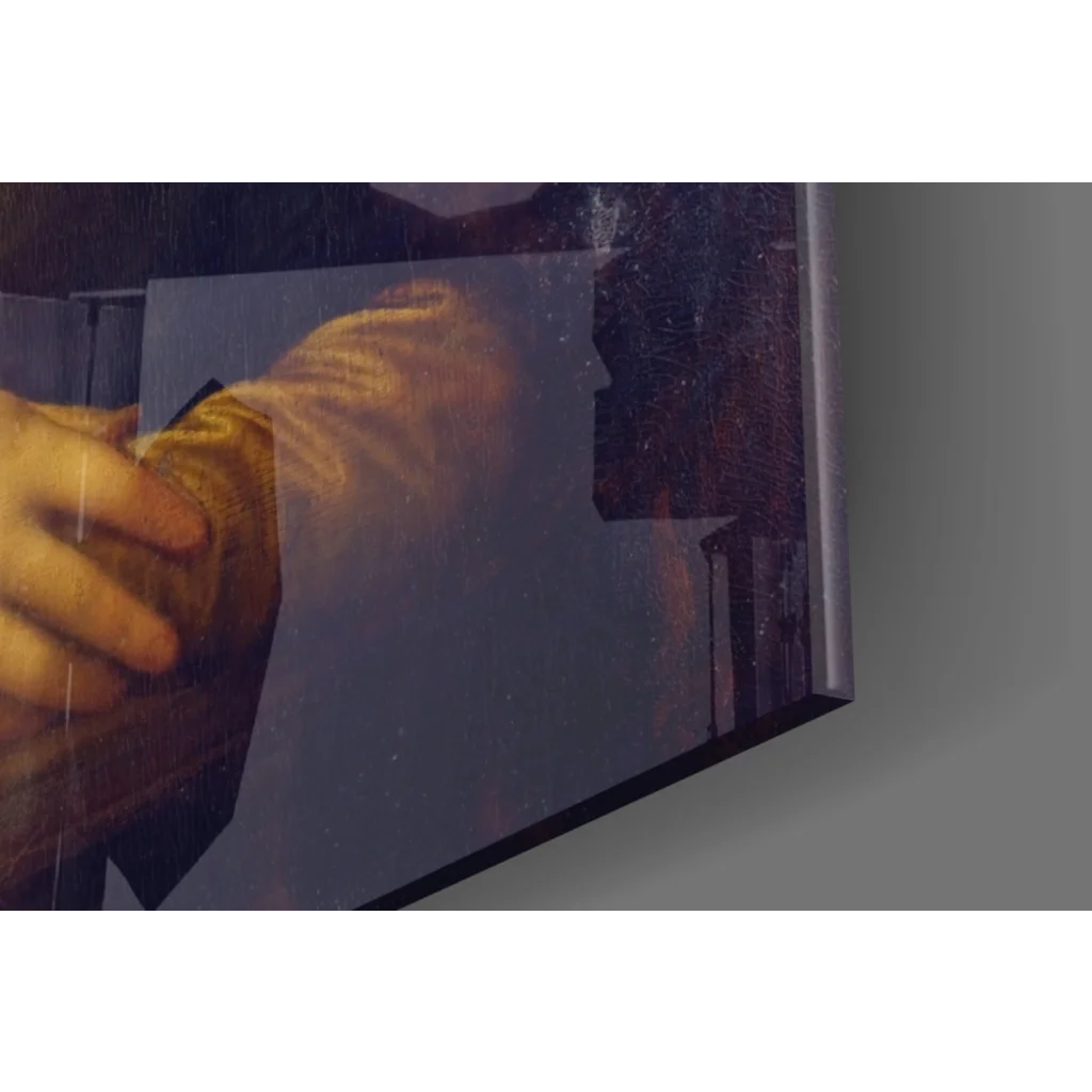 Framed Mona Lisa glass wall art with clasped hands in golden light