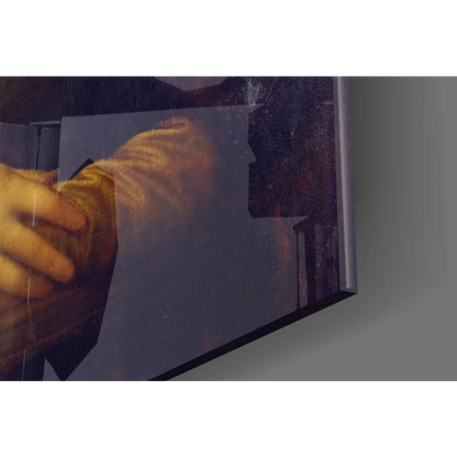 Framed Mona Lisa glass wall art with clasped hands in golden light