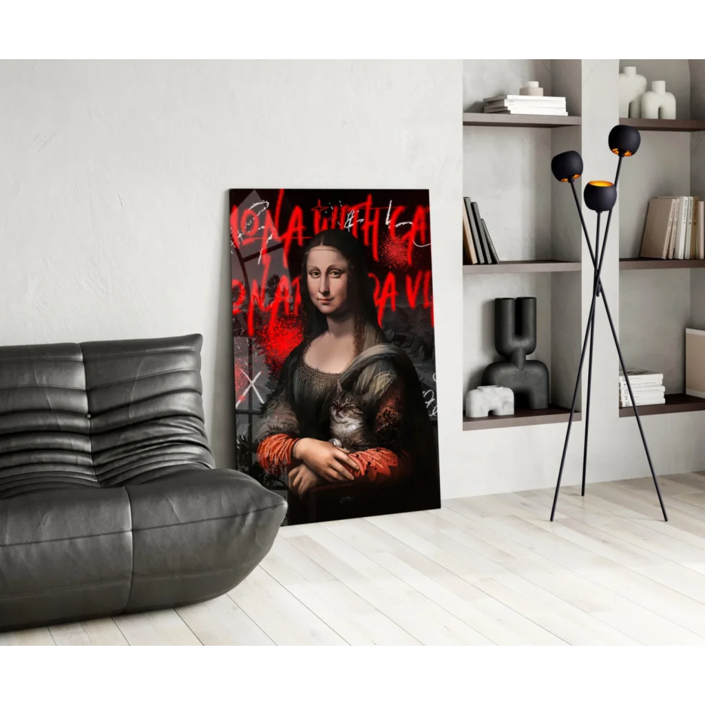 Mona Lisa graffiti cat canvas wall art print with bold red text