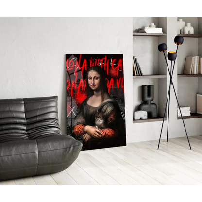 Mona Lisa graffiti cat canvas wall art print with bold red text