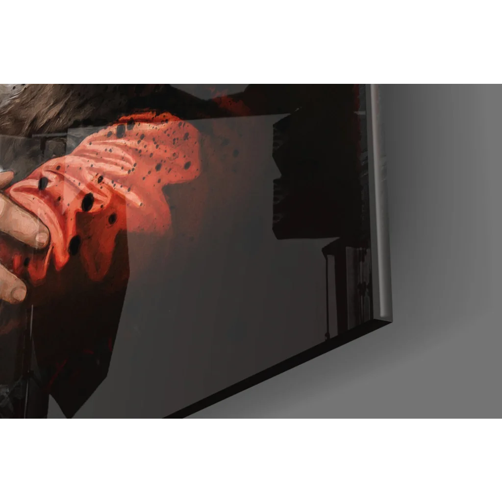 Glossy black framed Mona Lisa Graffiti Cat wall art print with orange speckled hand