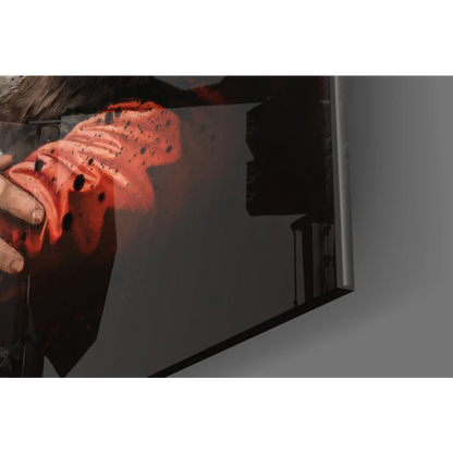 Glossy black framed Mona Lisa Graffiti Cat wall art print with orange speckled hand