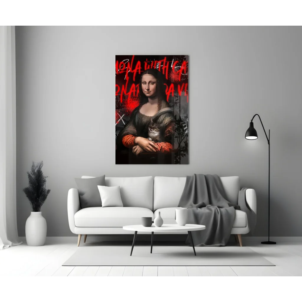 Mona Lisa graffiti cat canvas wall art print with red overlay