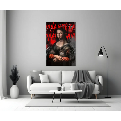 Mona Lisa graffiti cat canvas wall art print with red overlay