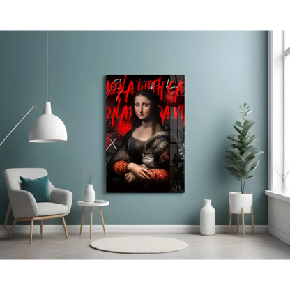Mona Lisa graffiti cat canvas wall art print with bold red text