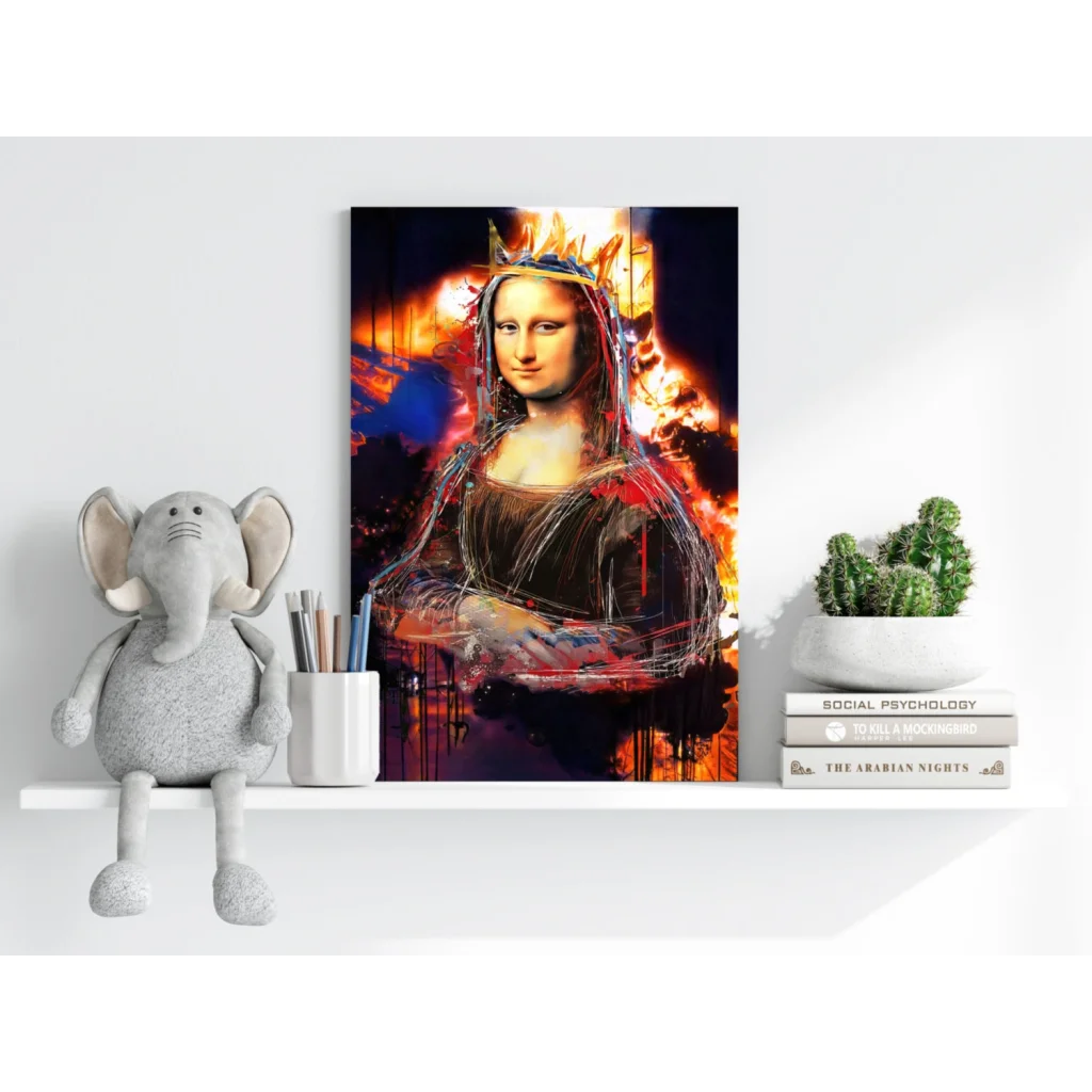 Vibrant graffiti Mona Lisa with fire crown on canvas print