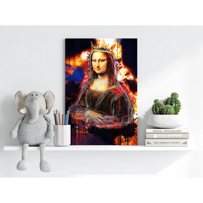Vibrant graffiti Mona Lisa with fire crown on canvas print