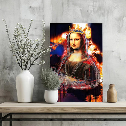 Vibrant graffiti Mona Lisa canvas print with fiery orange red splashes
