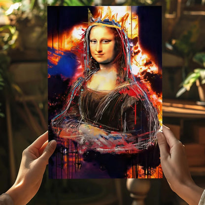 Vibrant graffiti Mona Lisa canvas print with fiery crown and splashes