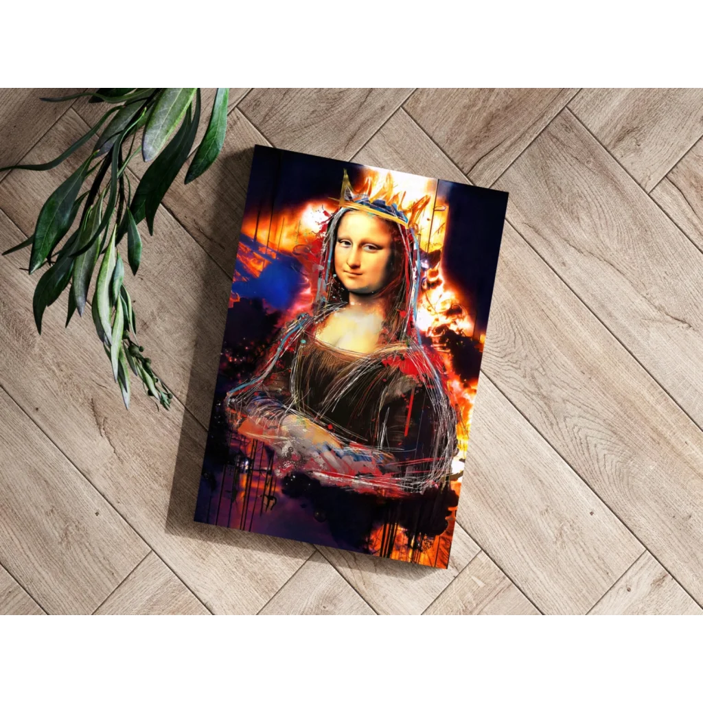 Vibrant graffiti Mona Lisa canvas print with fiery crown and paint splatters